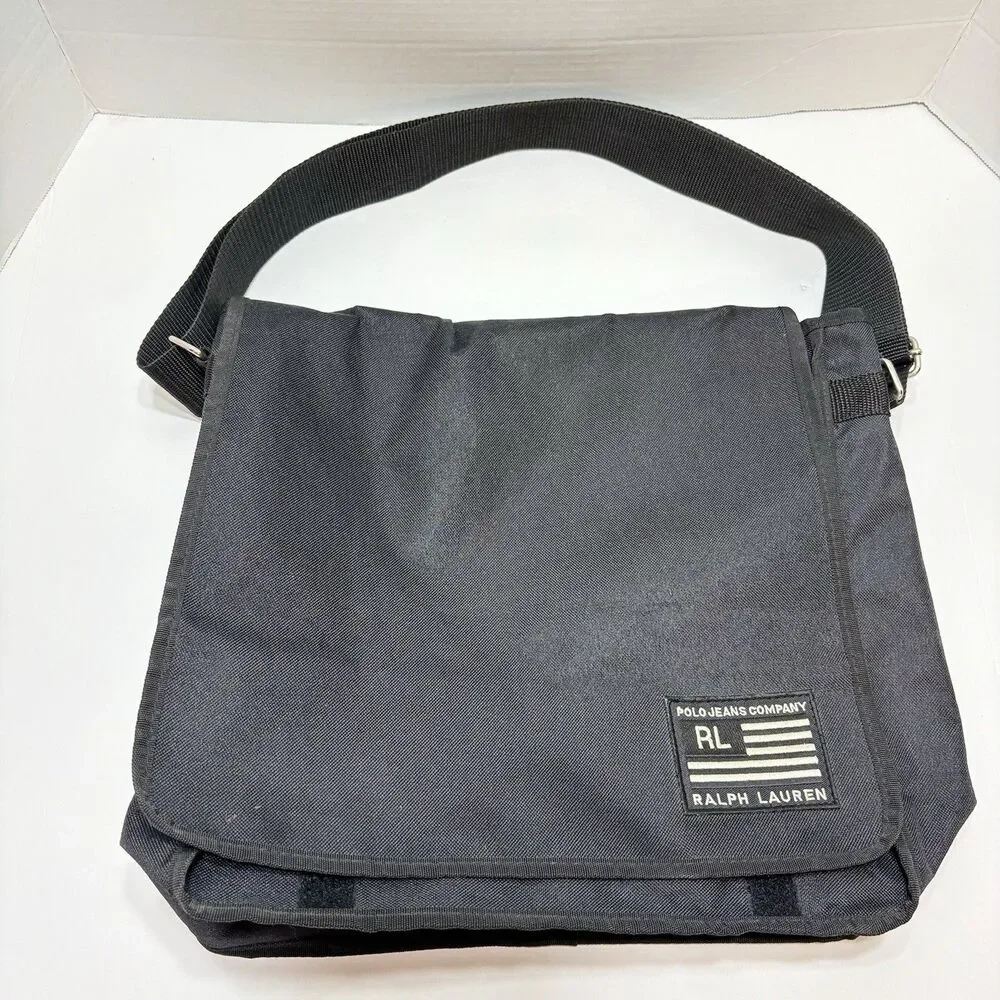Polo Jeans Company Ralph Lauren Messenger Bag 90s Black Canvas Shoulder Vintage